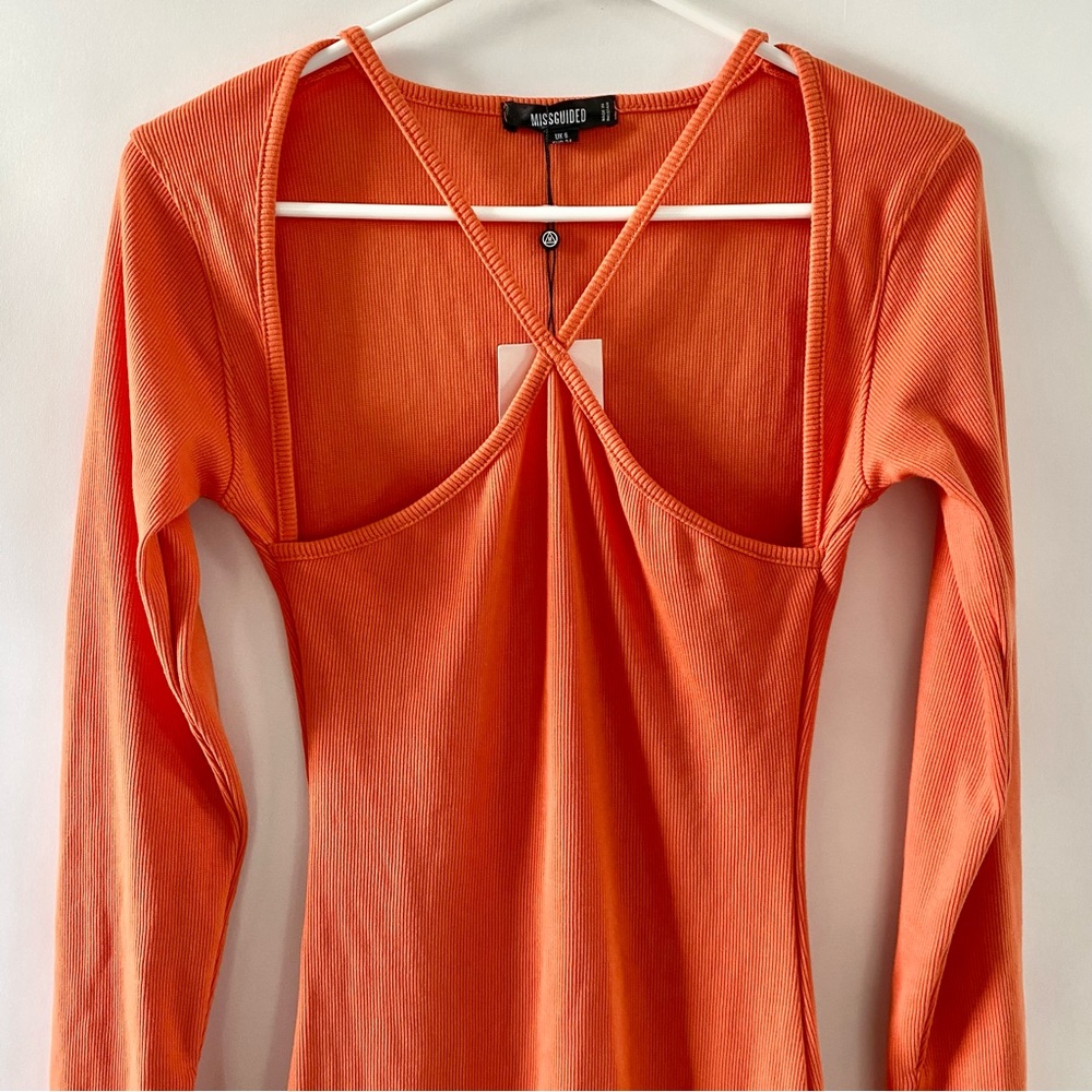NWT Missguided Cut Out Long Sleeve Rib Bodycon Midi Dress Orange 2 - Picture 7 of 16